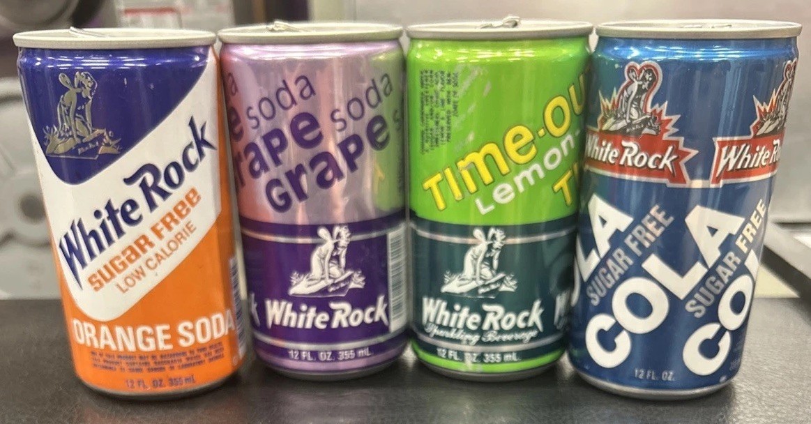 Vtg WHITE ROCK 12oz. Empty Aluminum Soda Can Lot Of 4, Cola/Grape/Orange/Lemon