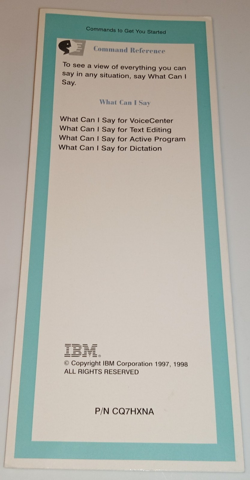 Vintage IBM command reference chart pamphlet 1998 , Microsoft Word 97, ephemera