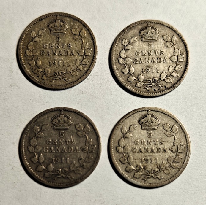 1911 Canada 5 Cents Silver Coin - "Godless" Variety - George V - Lot of 4