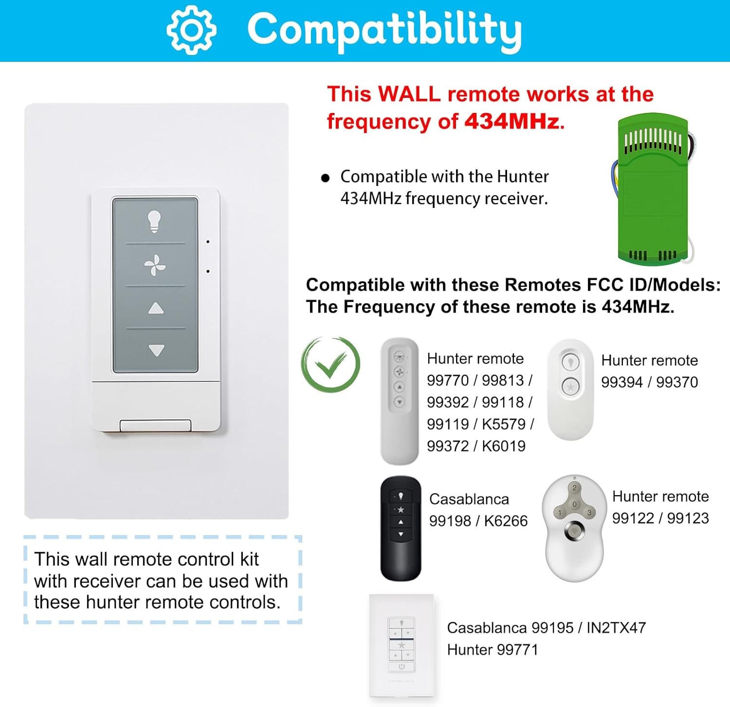 Universal Ceiling Fan Wall Remote Control Kits with 80R Receiver, 3 Speeds/Light