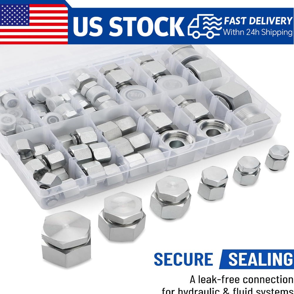 64Pcs ORFS O-Ring Plug Cap Hydraulic Flat Face Seal Fittings ORS Kit 4-16mm