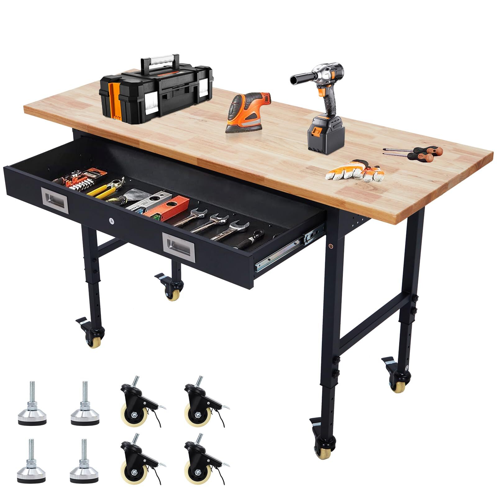 60" Workbench with Drawer Storage Adjustable Height Worktable for Garage Wheels