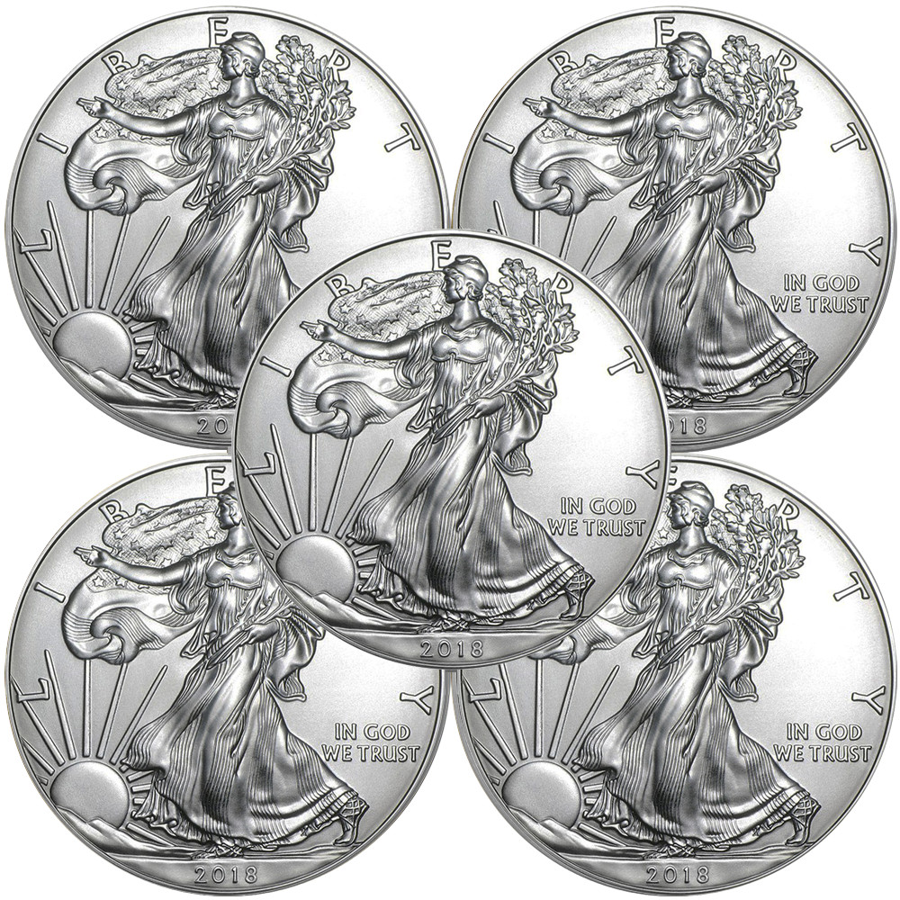 Lot of 5 - 2018 $1 American Silver Eagle 1 oz BU