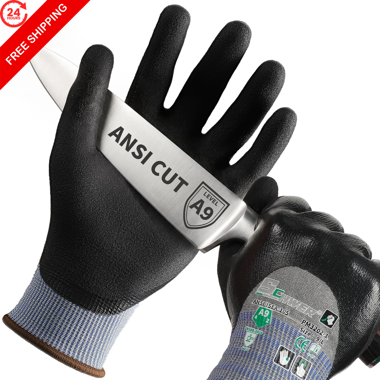 Schwer A9 Cut Resistant Work Gloves, 3/4 Double-Dipped Coating, Large, Black