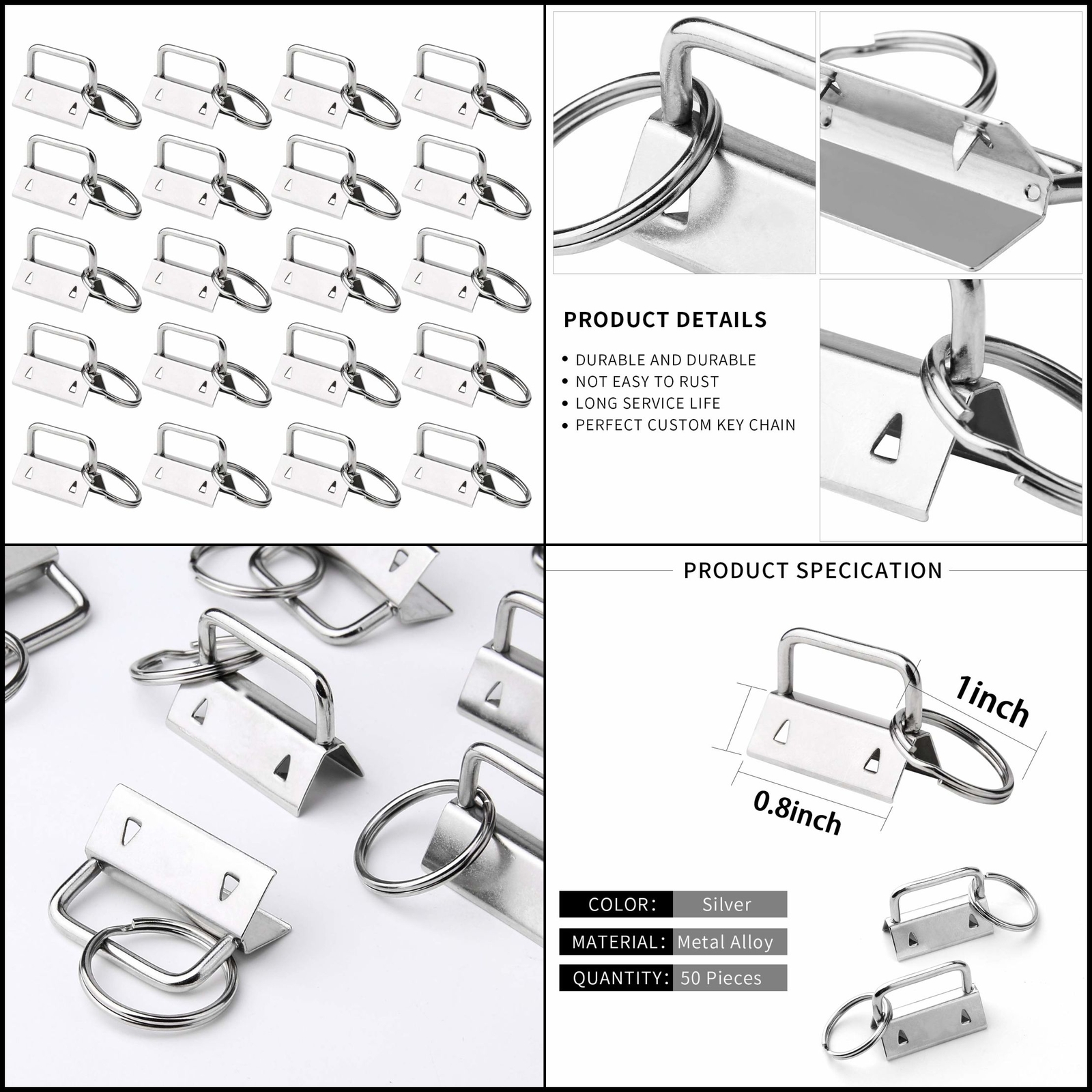 50 Sets Key Fob Hardware Keychain Wristlet with Split Ring, 0.8 Inch