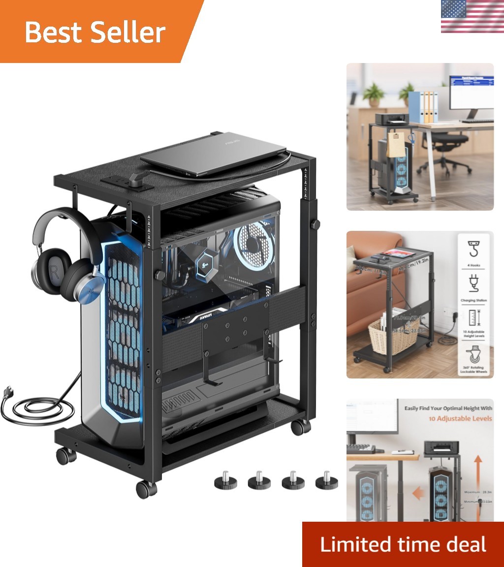 Computer Tower Stand - Adjustable PC Tower Stand CPU Holder Cart with Chargin...