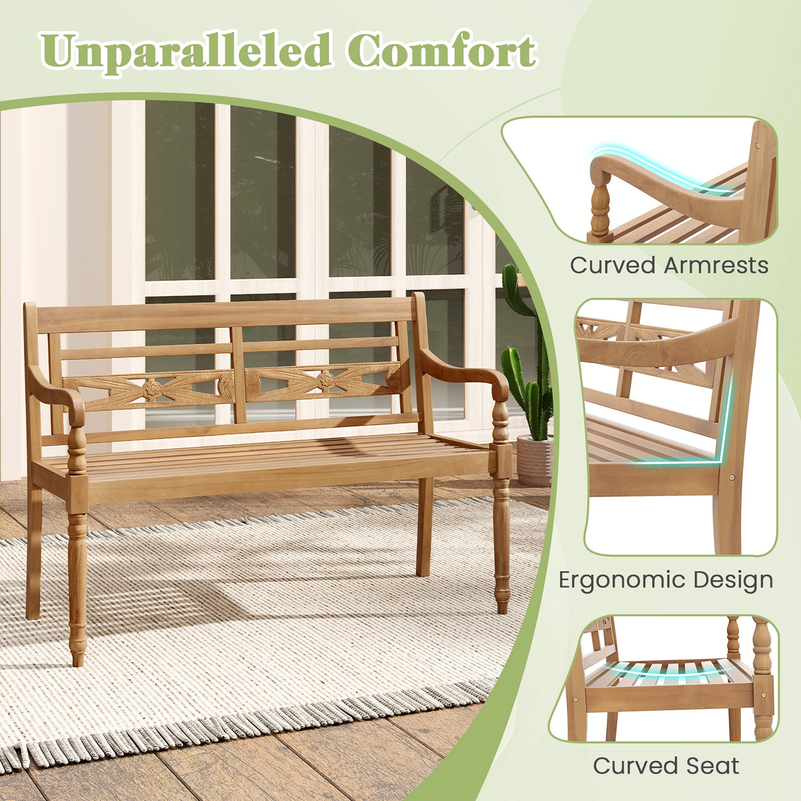 2-Person Garden Bench w/ Wide Backrest & Curved Armrests for Backyard