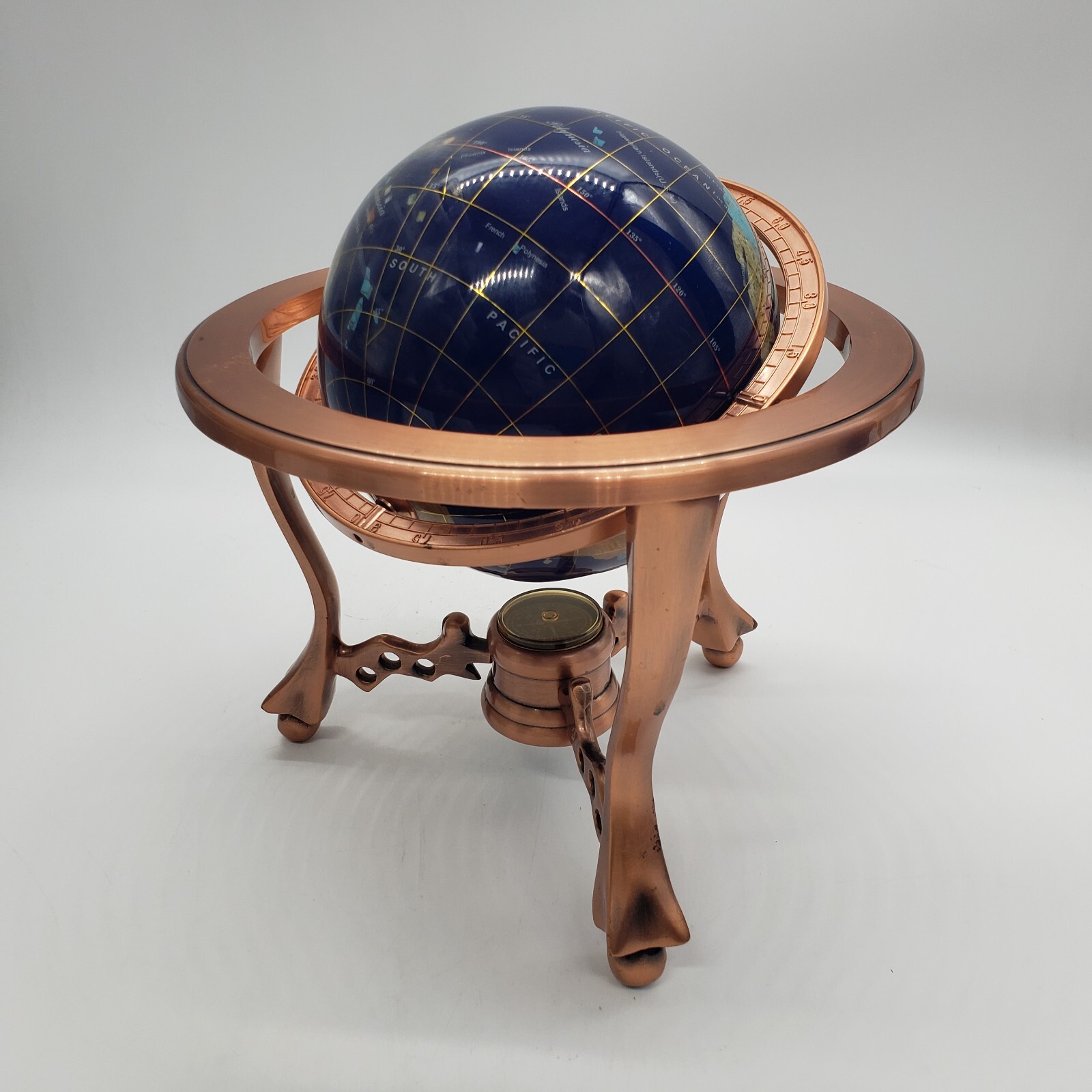Blue Ocean Lapis Gold 3- Leg Stand Gemstone World Map Globe (Used & has Issues)