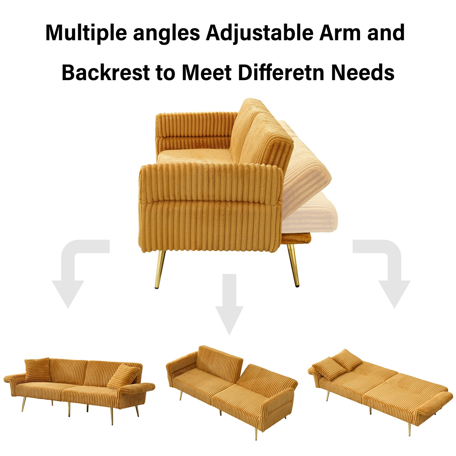 79 inch corduroy sofa bed, foldable double sofa bed with folding armrests, sui