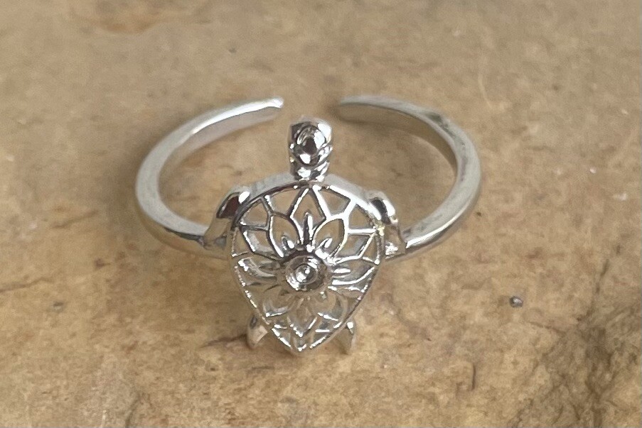Filigree Turtle Flower Silver Toe Ring Midi Ring Adjustable + Gift Box