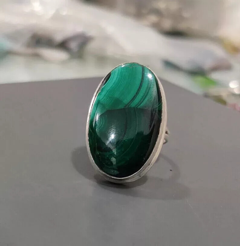 925 Sterling Silver Handmade Malachite Gemstone Statement Ring All Size R198