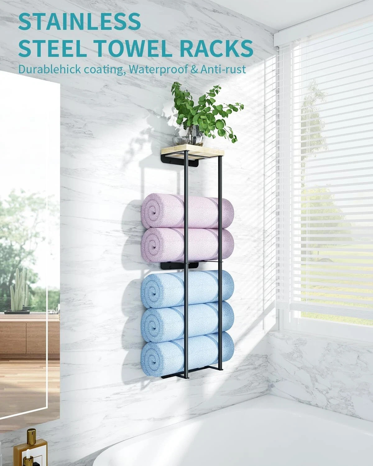 Jumweo 31" 2 Tier Anti-Rust Metal Towel Rack W/Wood Shelf Wall Mounted In Black
