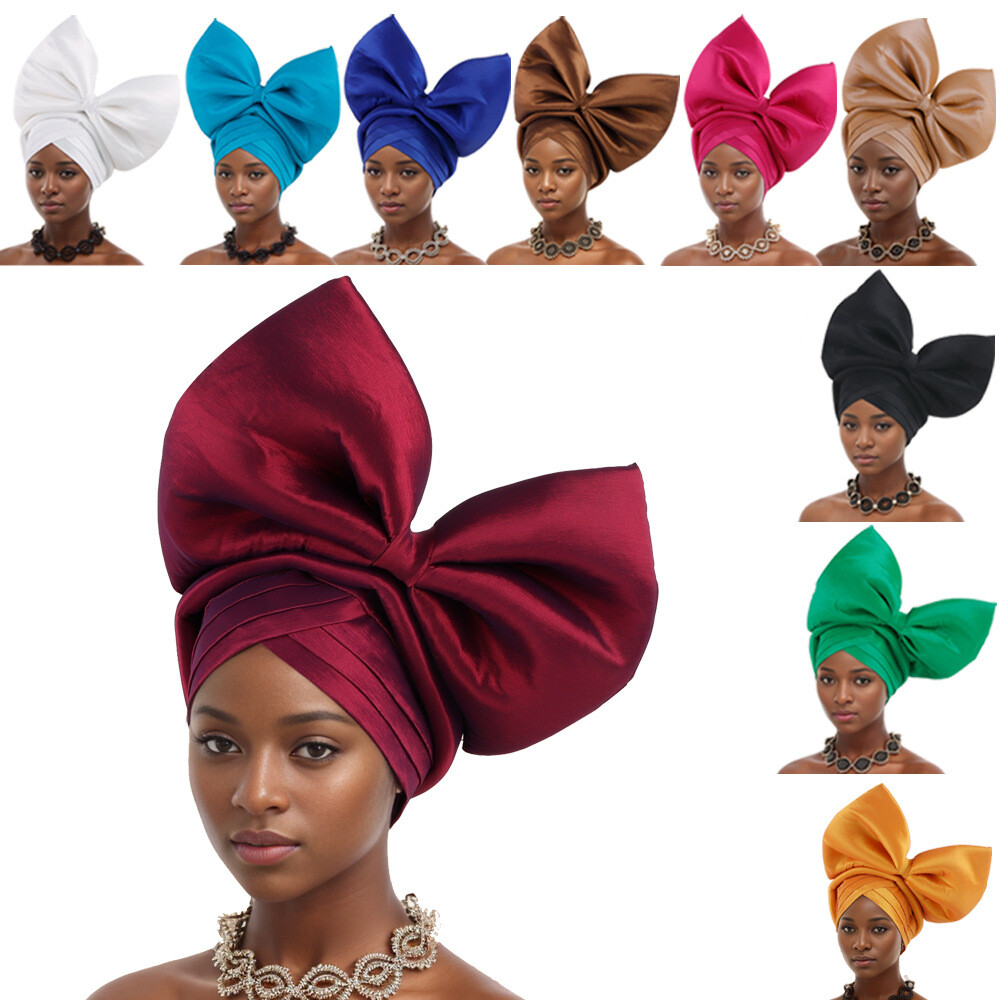 Nigerian Women Hijab Hat Big Bowknot African Auto Gele Headtie Turban Wrap Cap