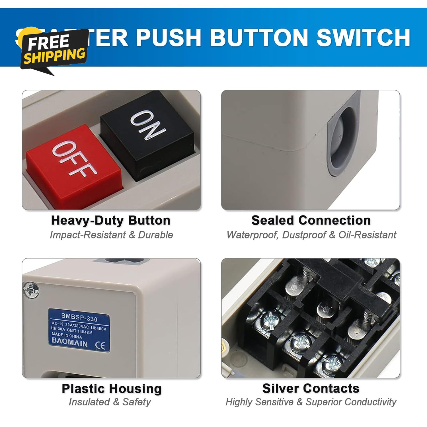Self-Locking Push Button Switch 3-Phase 30A 3.7KW, Industrial 3-Pole Heavy Duty