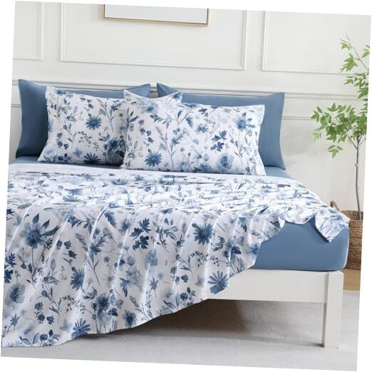 Botanical 6-Piece Bed Sheets Set, Boho Floral Print Queen Indigo Botanical