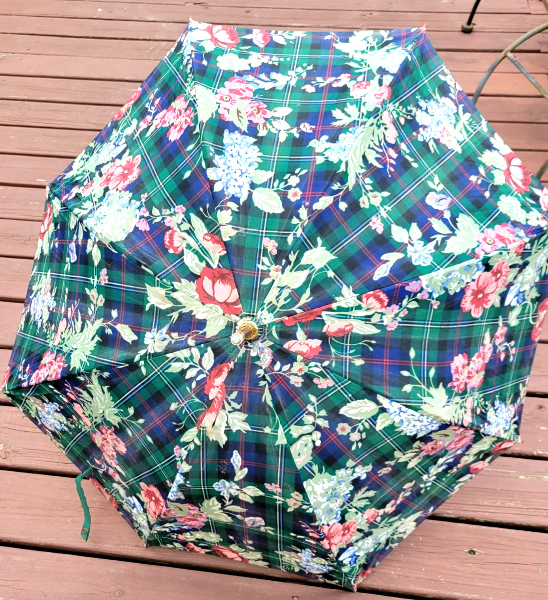 VTG LAUREN RALPH LAUREN BLUE FLORAL UMBRELLA/PARASOL WOODEN HANDLE BRASS TIP