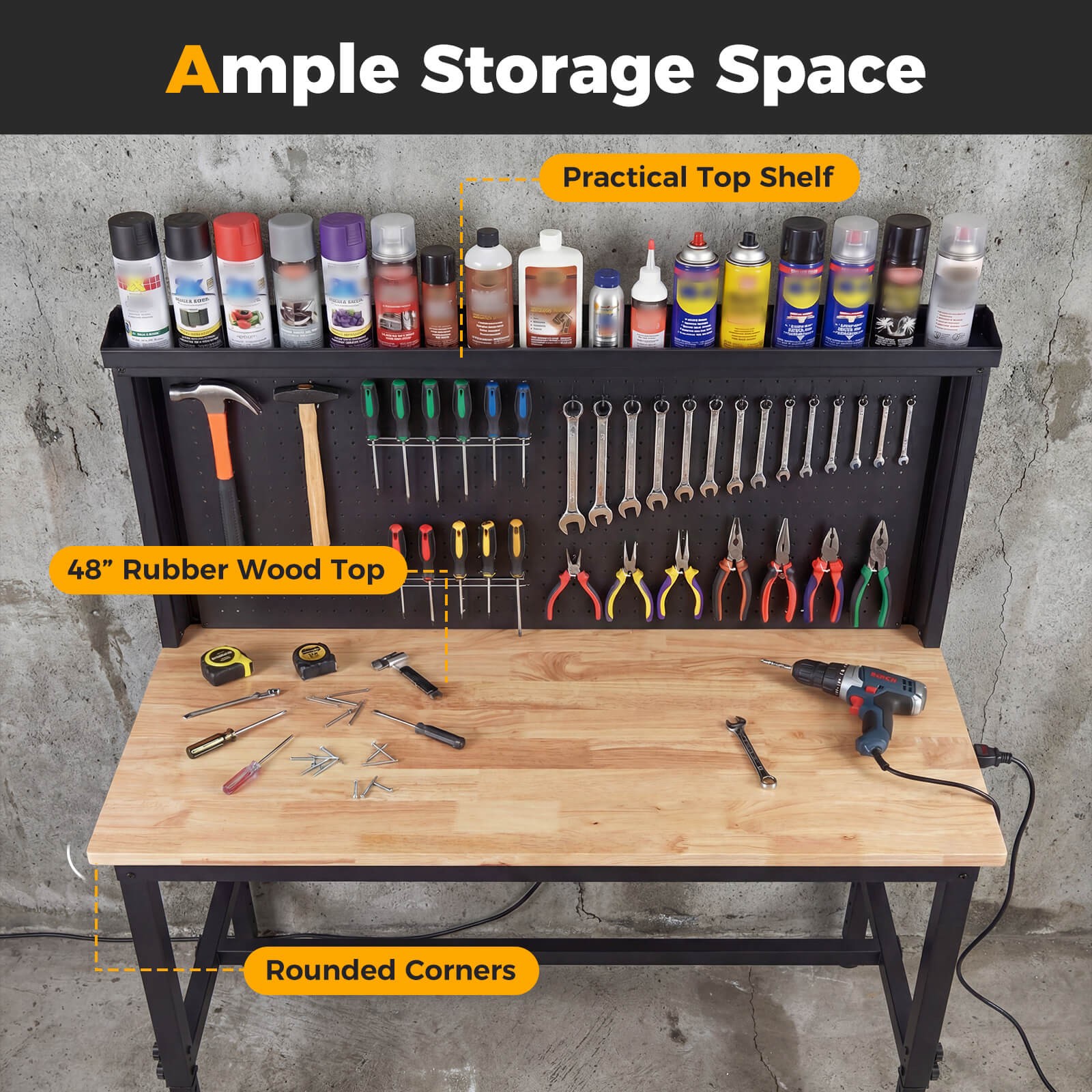 48” Heavy Duty Workbench with Pegboard and AC/USB Outlets, Max Load 2000 LBS