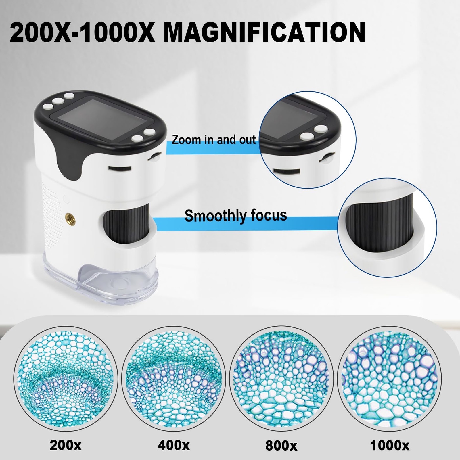 1000X Handheld Digital Microscope for Kids 2'' HD Screen 4K Small, White