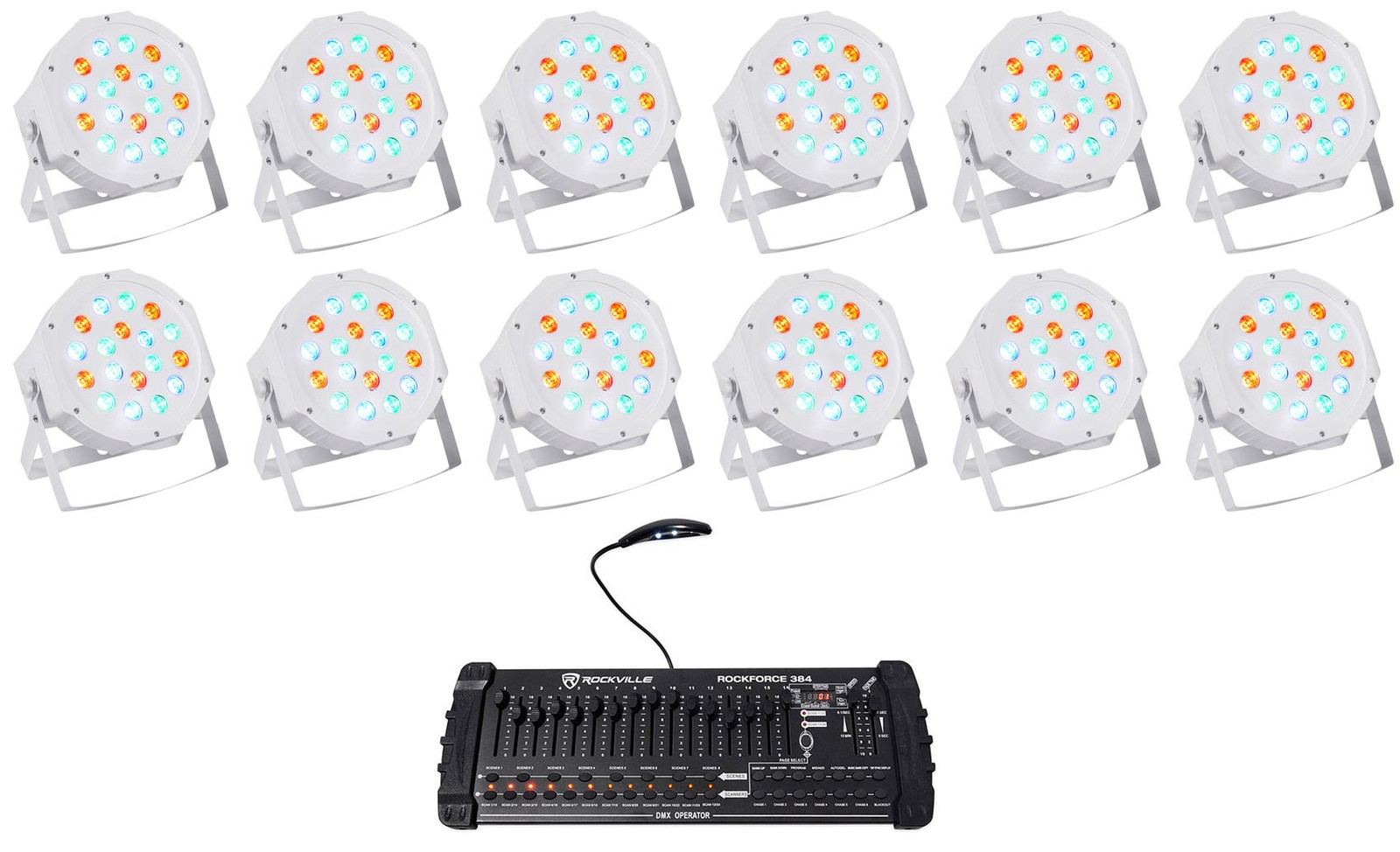 12 Rockville RockPAR50 WHT RGB Par Can DJ/Club Wash Lights+384 Ch DMX Controller