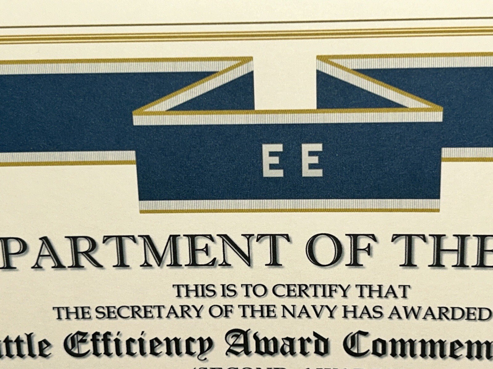 NAVY BATTLE E CITATION~2ND AWARD COMMEMORATIVE CERTIFICATE ~ TYPE-2 / W/PRINTING