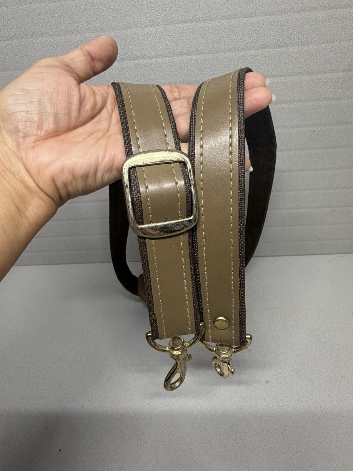 Vintg.PVC Padded Replacement Strap Khaki Brwn/Black Canvas Lining Gold Hardware