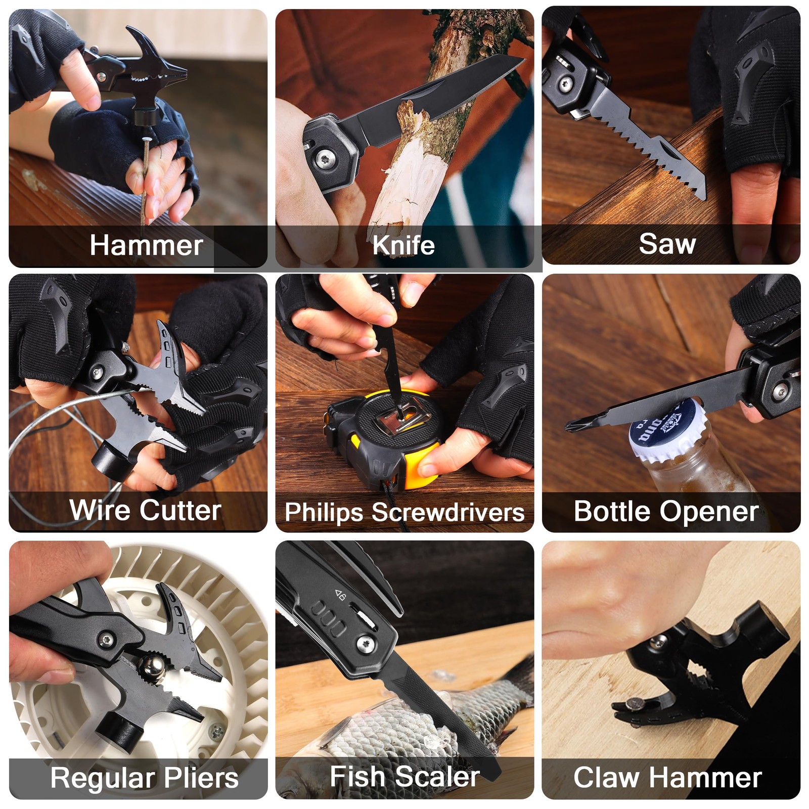 RoverTac Dad Tool Gift Set, 12-in-1 Multitool Hammer, Flashlight & Black