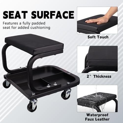 Rolling Creeper Garage/Shop Seat, Padded Rolling Workshop Stool with Tool Black