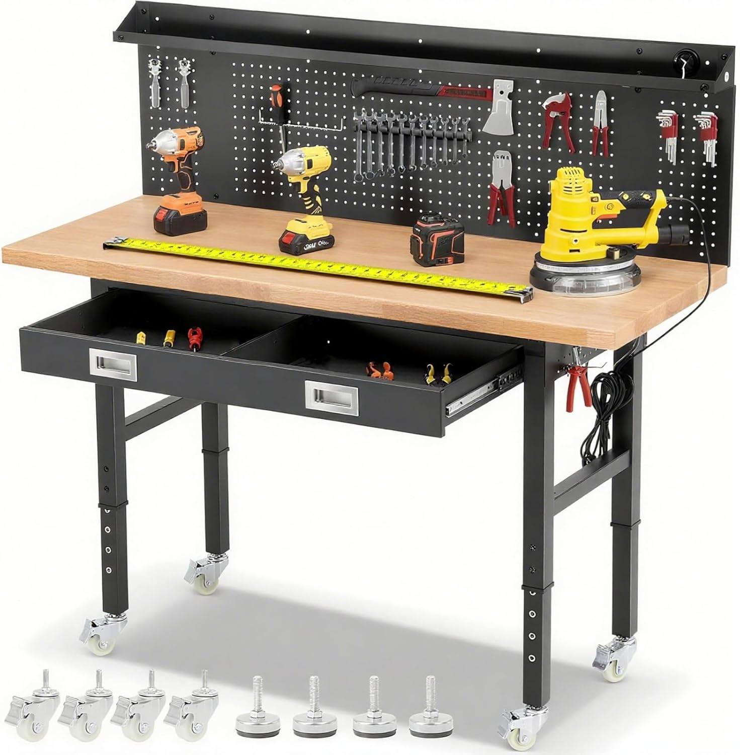 Work Bench with Wheels 60 X 22 Inch Heavy Duty Rubberwood Tabletop Work Table Ad