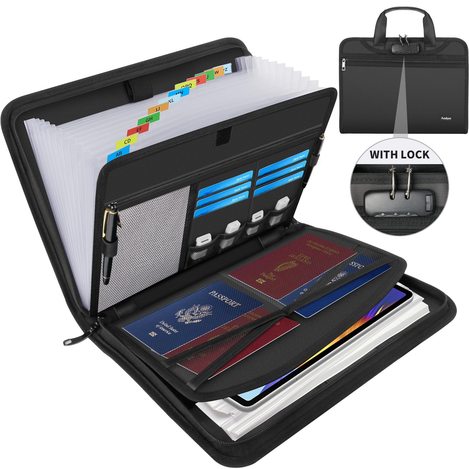 Important Document Organizer with Lock, Fireproof Accordion File Black