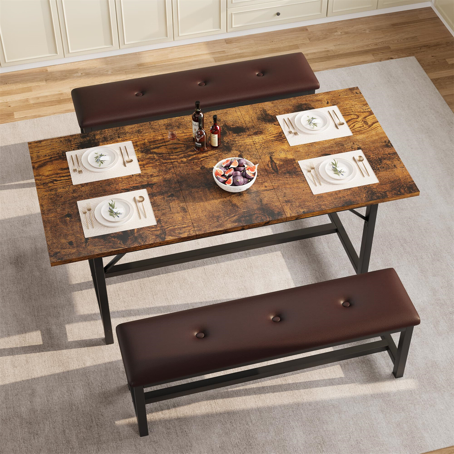 63" Extendable Dining Room Table Set with 2 Upholstered Benches Dining Table Se