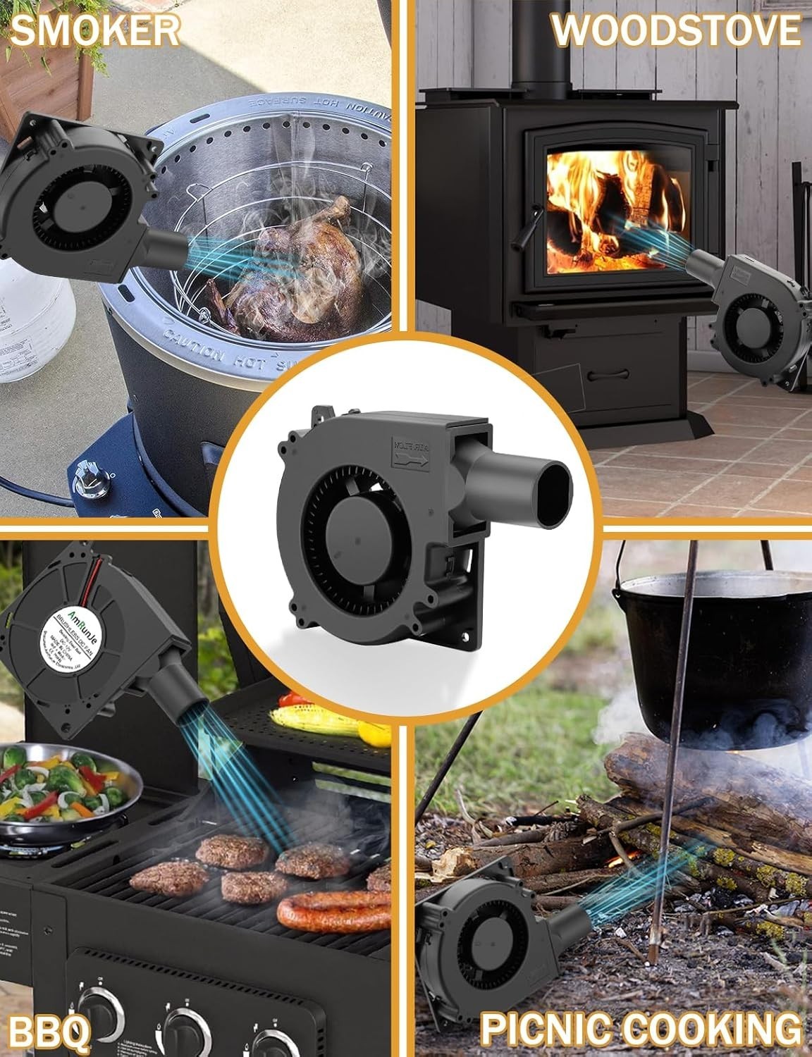 120mm BBQ 12V Blower Fan with 110v-240v AC Plug Variable Speed Controller, Sq...
