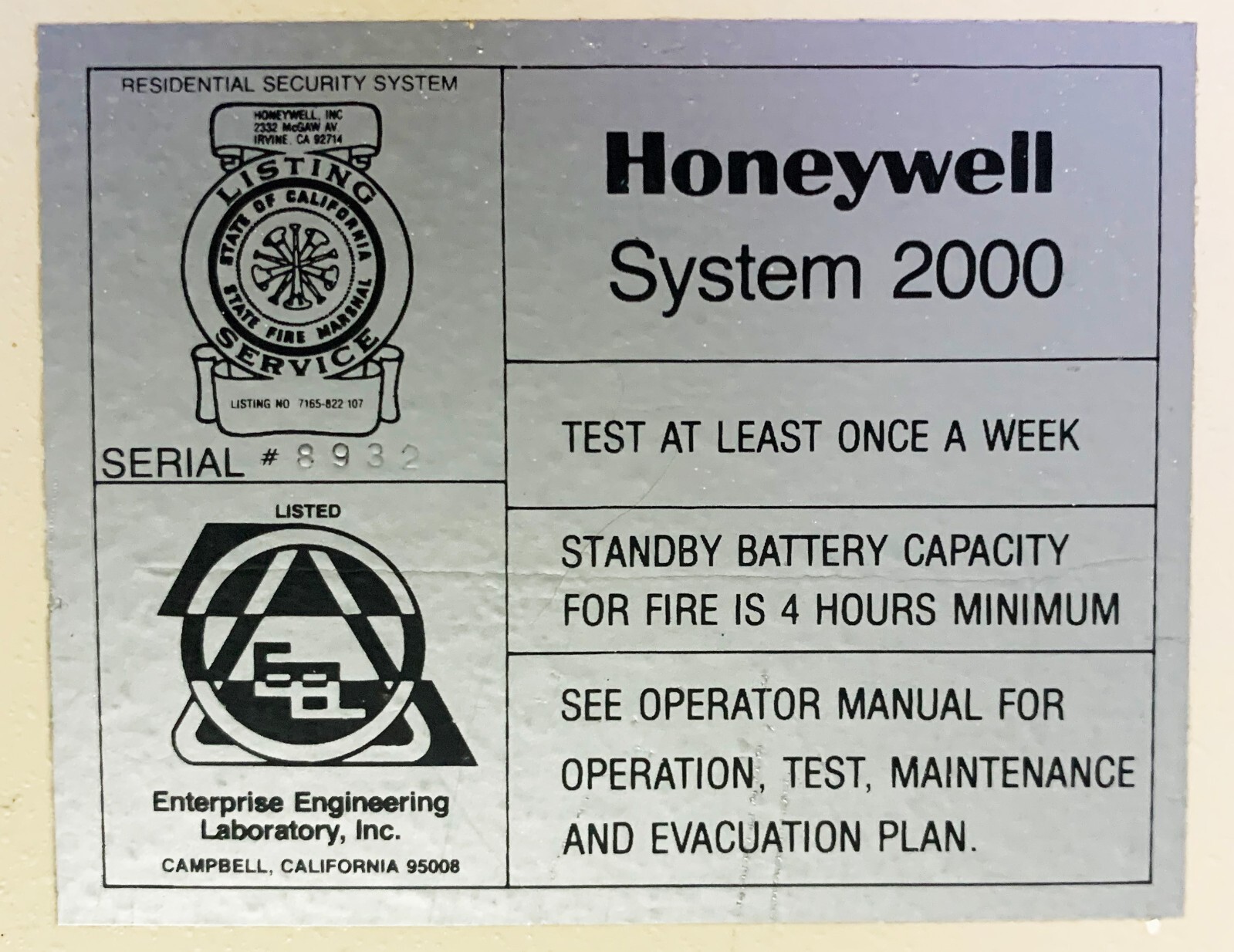 Honeywell 2000 Turbo, Fire Security Alarm, Multiple Receiver Option, Warn C-5777