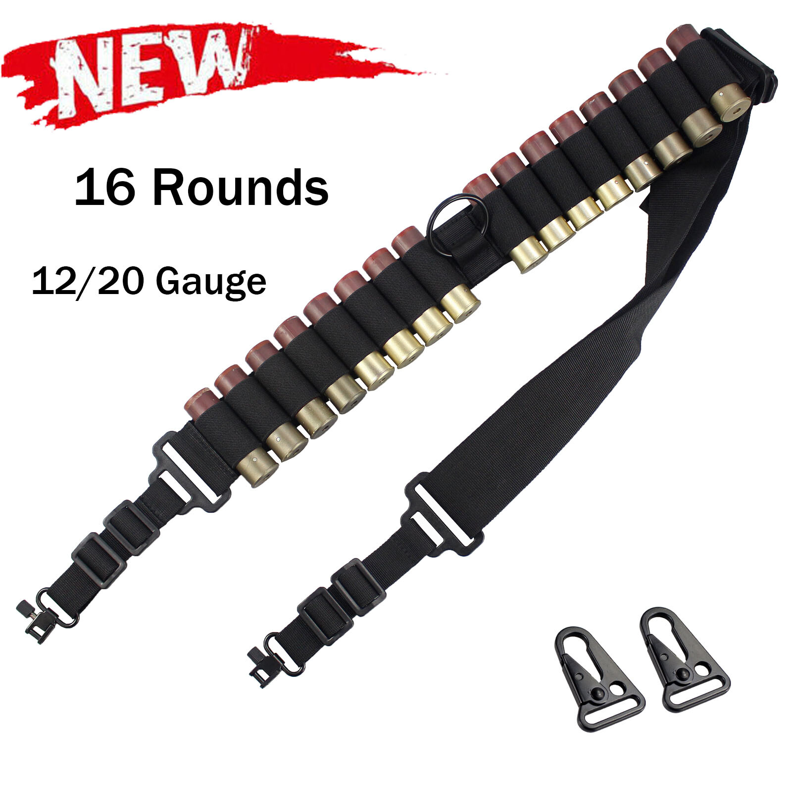 2 Point Non-Slip Adjustable Ammo Sling Shotgun Sling with 16 Shell Holder-Black