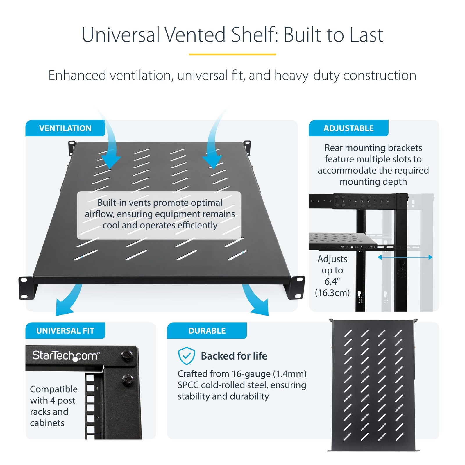 StarTech.com 1U 4-Post Server Rack Shelf, Vented, Adjustable 28-34.4in, Black