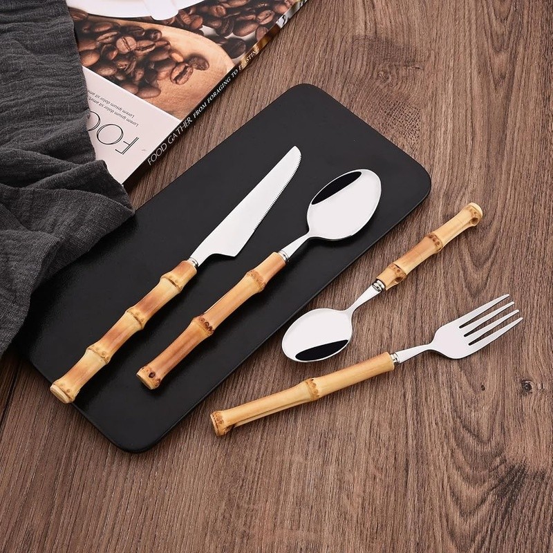 Bamboo Handle Stainless Steel Cutlery Flatware Bamboo Silverware US
