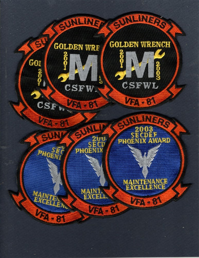 Dealer Lot VFA-81 SUNLINERS Golden Wrench Phoenix NAVY Squadron Patch Set of 6