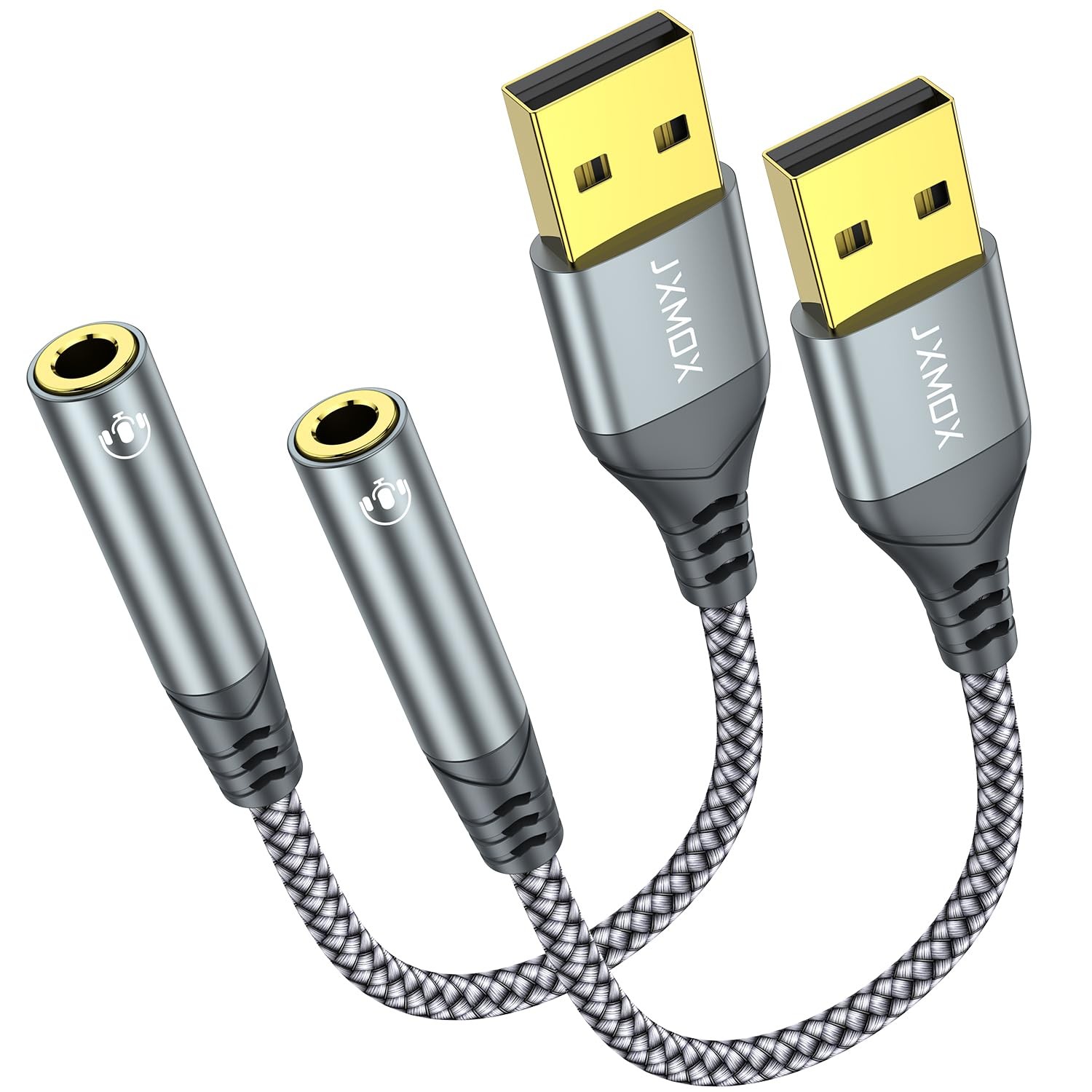 JXMOX USB to 3.5mm Audio Adapter (2-Pack) - USB-A 6 inch, 2-Pack
