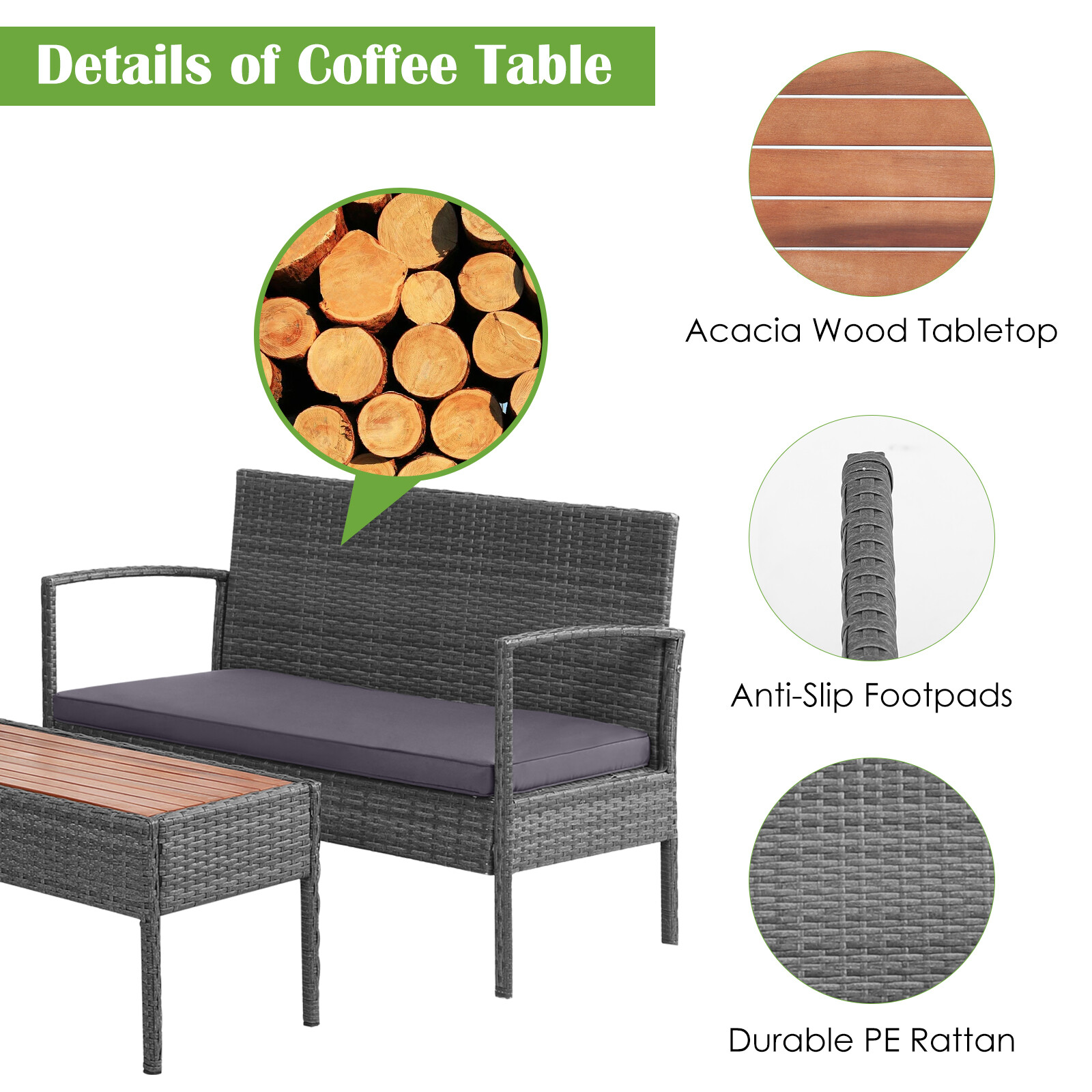 4PCS Patio Rattan Furniture Set Cushioned Chair Wooden Tabletop Outdoor Gray