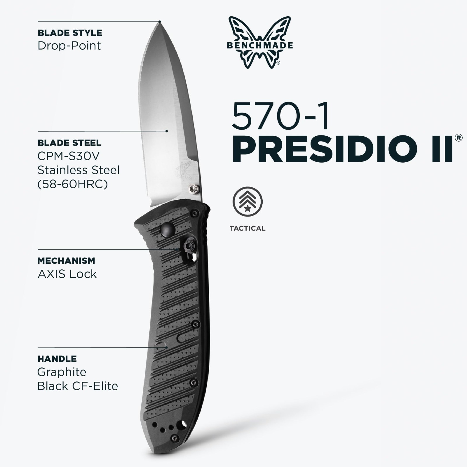Benchmade Presidio II Folding Drop Point Knife, Black - 570-1