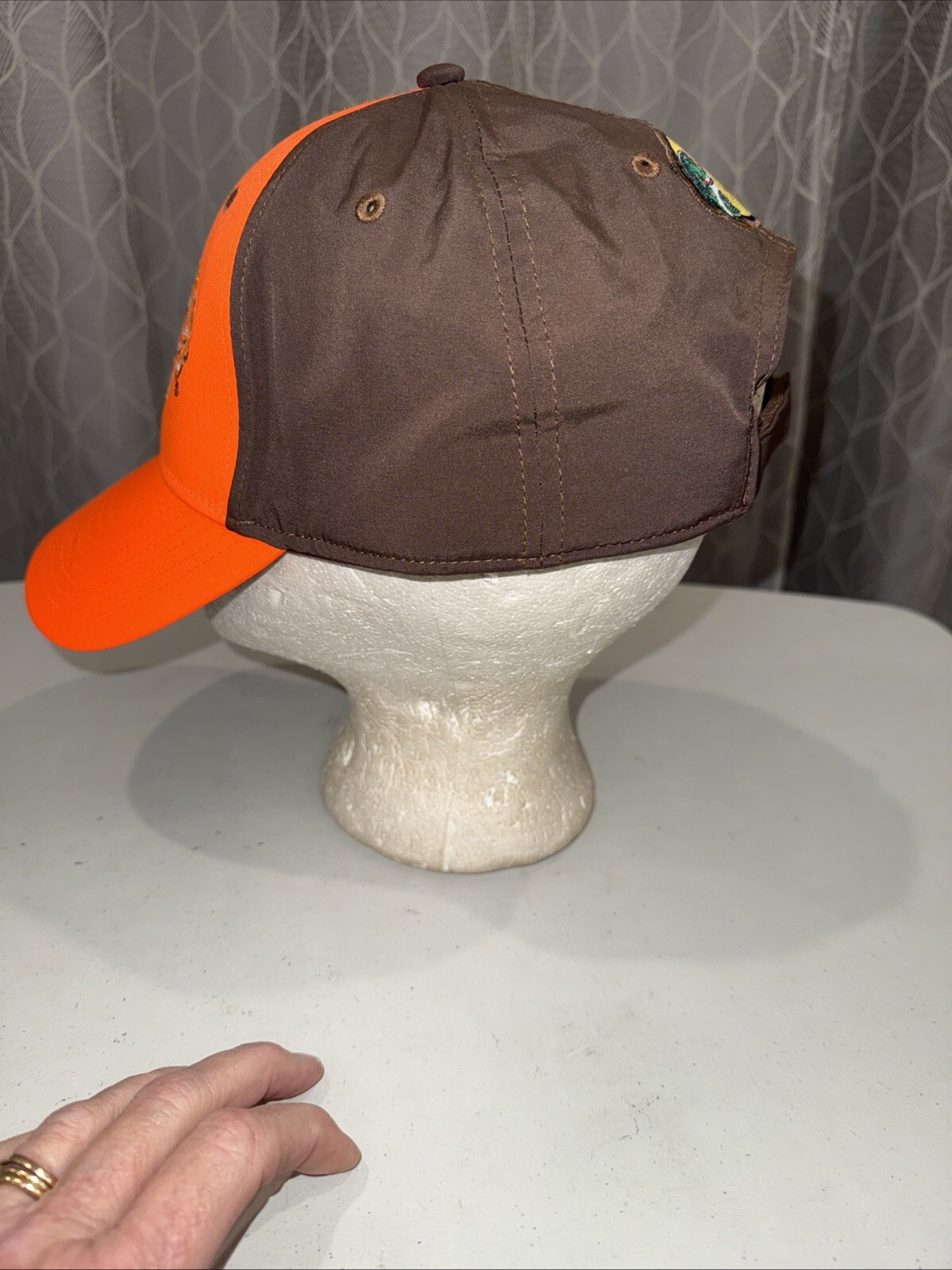 Bass Pro Shops Fluorescent Orange Front w Brown Hat Cap Hook Loop Poly Spandex