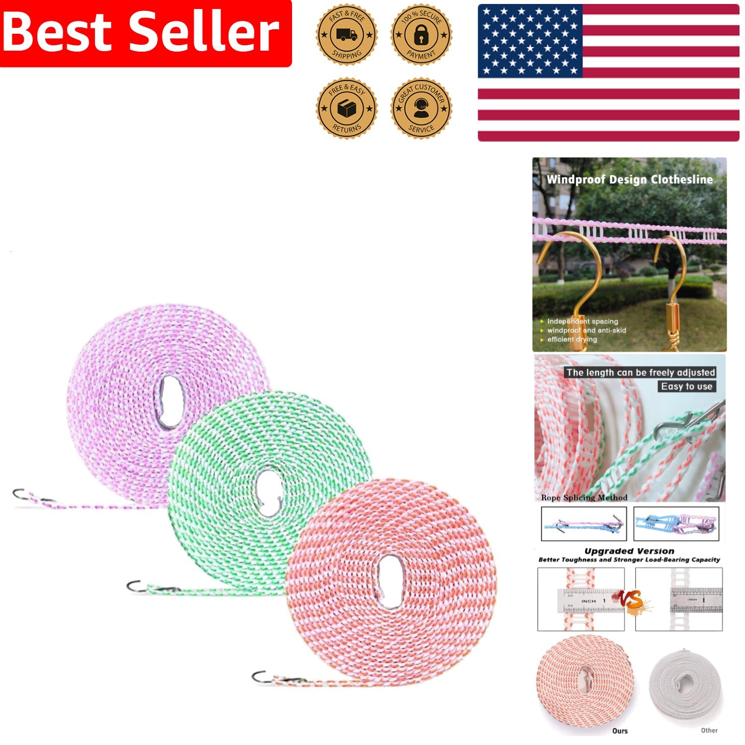 3 Pack Clothesline - 5m Adjustable Windproof Indoor Outdoor Laundry Dryer Rope