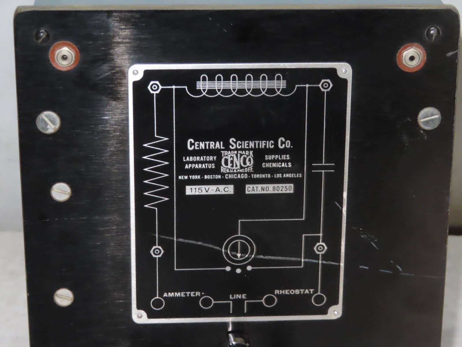 Central Scientific trade mark Cenco Appratus chemicals ammeter rheostat