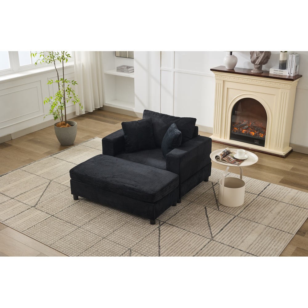 Modern Chaise Lounge Chair w/ Removable Ottoman & Pillows, Black Corduroy