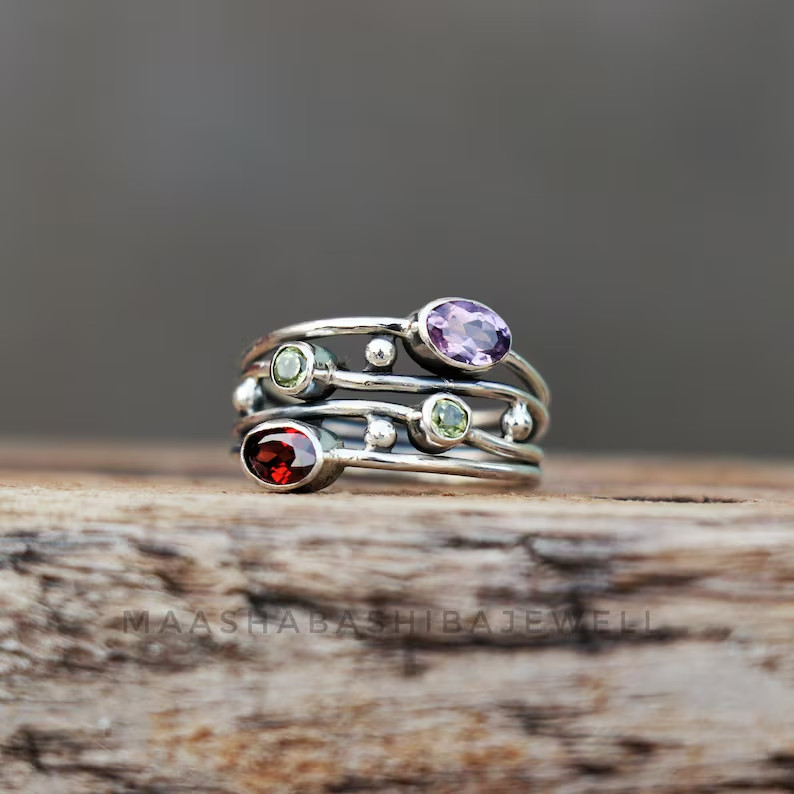 Garnet & Amethyst Stone Ring  925 Silver Handmade Anniversary Ring All Size R314