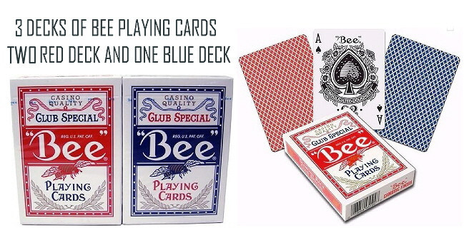 BEE PLAYING CARDS - CLUB SPECIAL CASINO QUALITY  2 RED AND 1 BLUE DECK