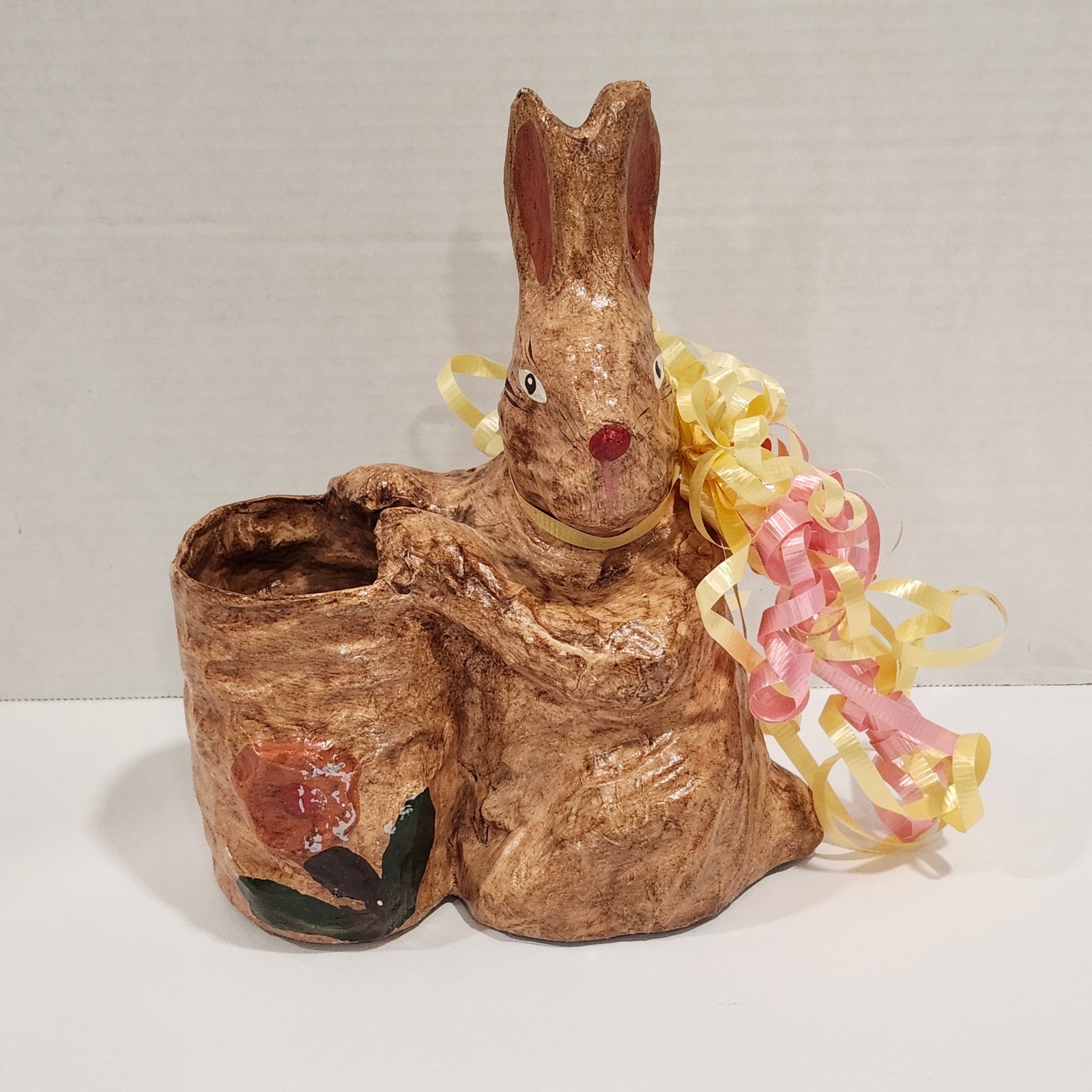 Easter Bunny Planter Trinket Holder Decorative Figurine with Ribbon Accent