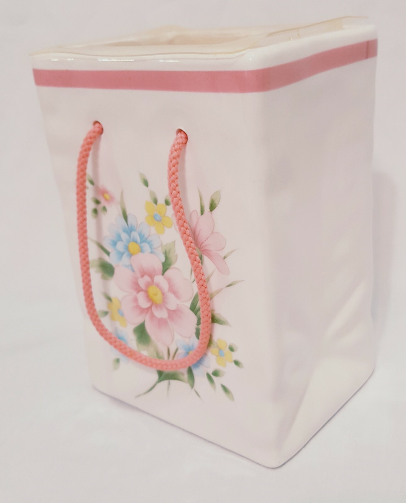 Floral Bag Planter Vase Vintage FTDA Porcelain 1986 5" Japan