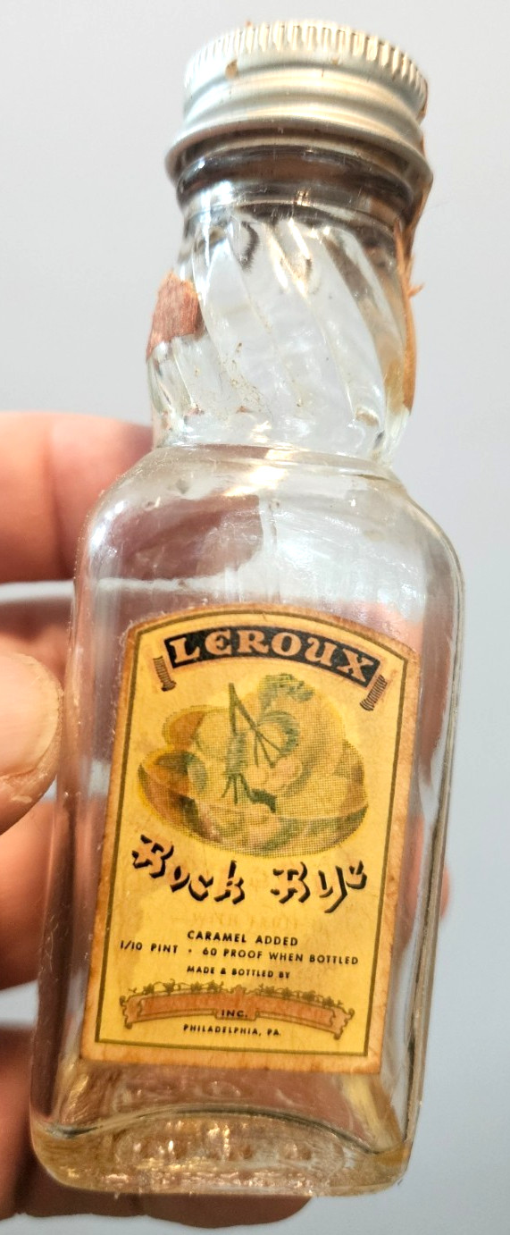 Leroux Rock Rye Mini 1/10 pint empty glass bottle got em rocked