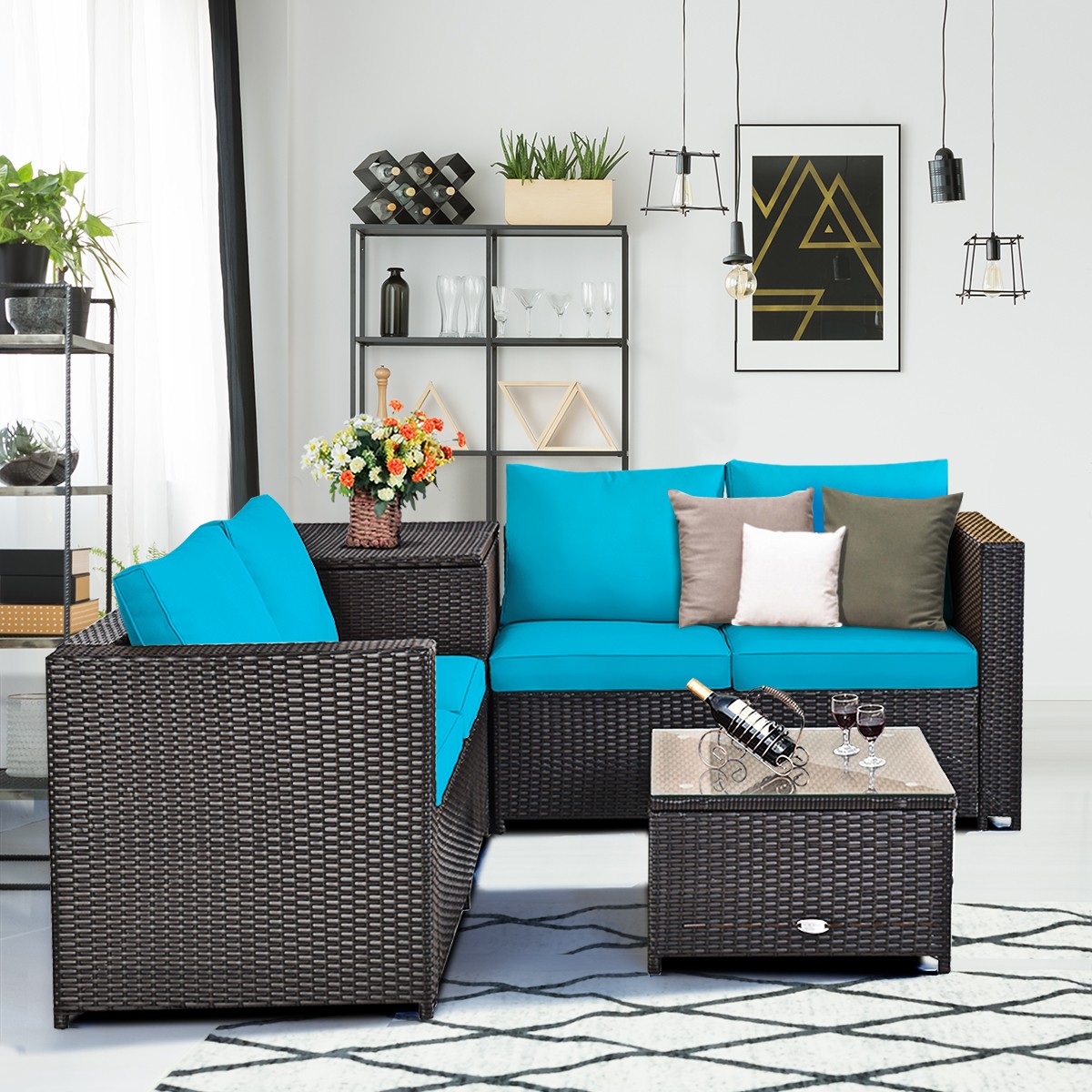 8PCS Outdoor Patio Rattan Furniture Set Cushion Loveseat Storage Table Turquoise