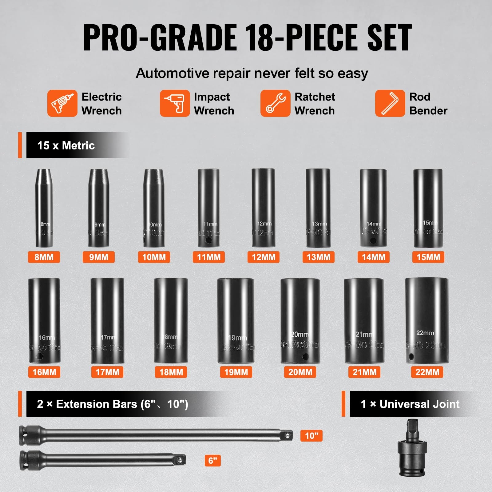 VEVOR Drive Impact Socket Set 3/8" - 18 Piece Deep Metric 8-22mm...